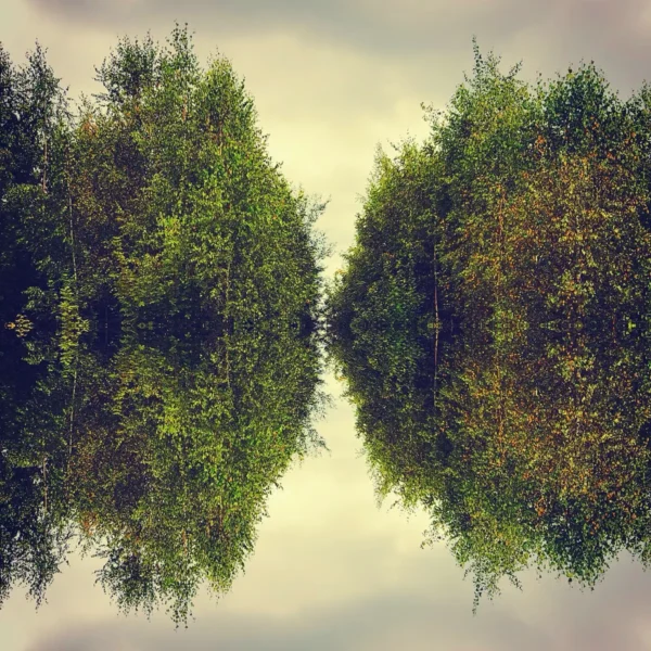 A serene forest with tall trees mirrored in calm water