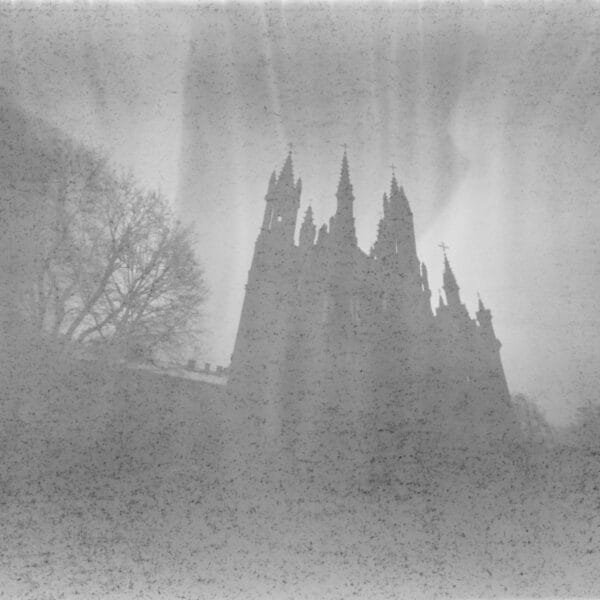 Misty church in monochrome, captured with pinhole